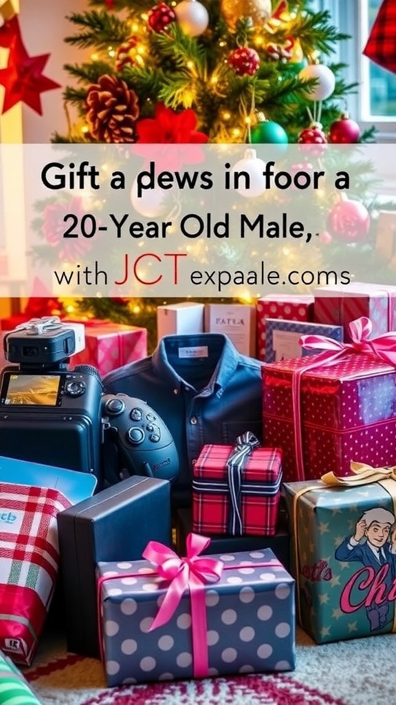 A collection of Christmas gifts for a young man, including tech gadgets and stylish accessories, under a decorated tree.